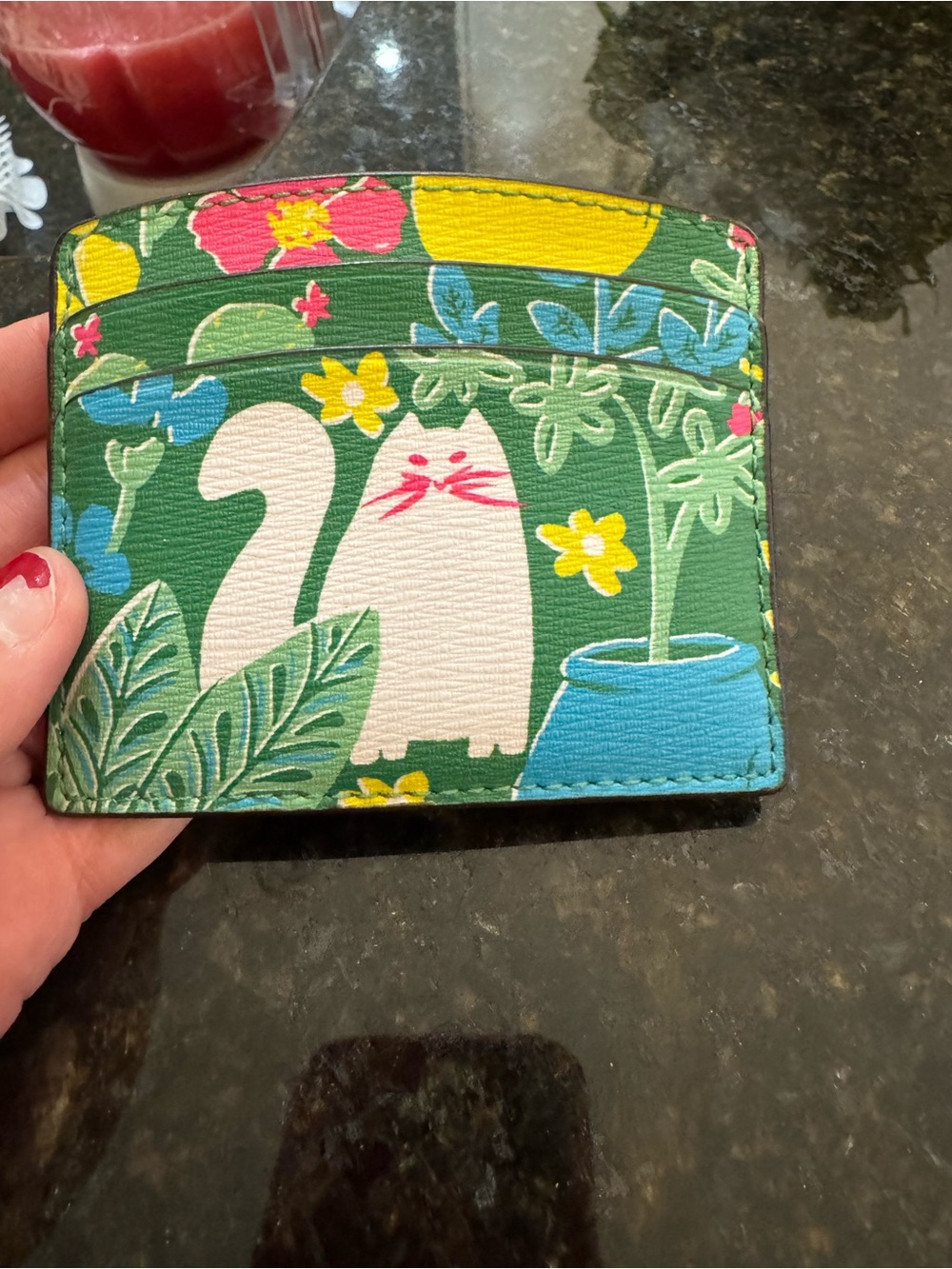 kate spade green floral cat card holder with pink and yellow accents - Picture 2 of 4